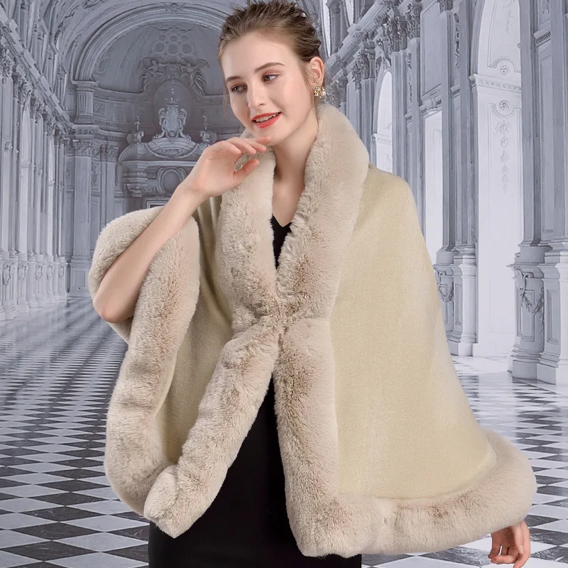 Autumn Winter Women Big Faux Rabbit Fur Collar Cloak Thick Outstreet Wear Warm Poncho Big Pendulum Lady Loose Cardigan Coat