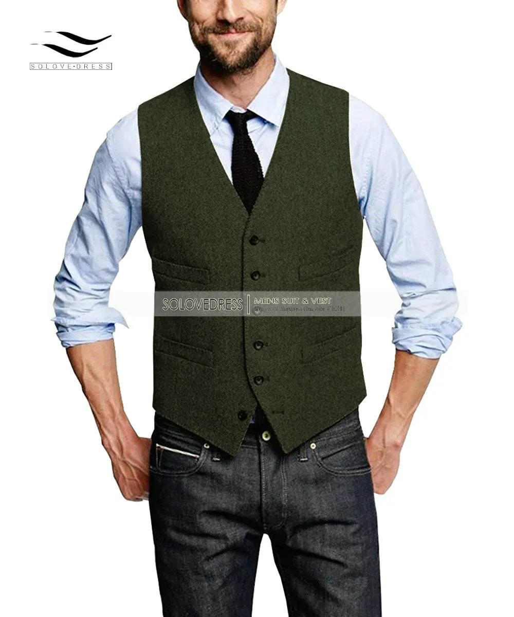 Men's Suit Vest V Neck Wool Herringbone Tweed Casual Waistcoat Formal Business Vest Groomman