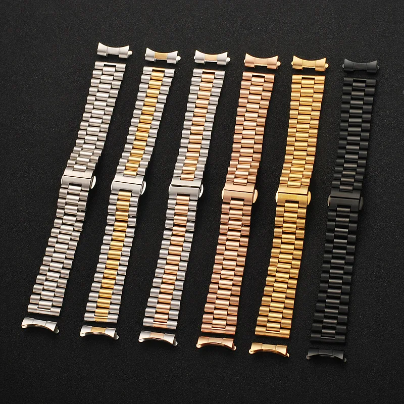 Semicircle Link Solid Stainless Steel Watch Band 12 13 14 16 17 18 19 20 21 22mm Replacement Watch Strap 3Rows with Curved End