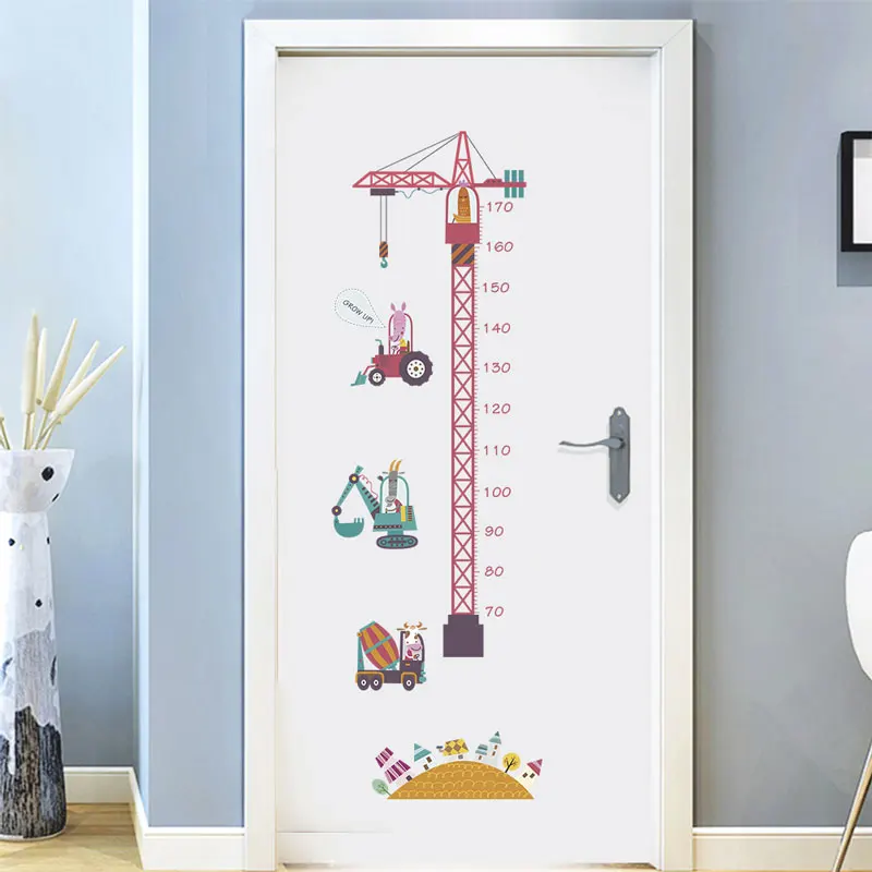 cartoon tower crane engineering car growth chart wall stickers for kids rooms decor diy height measure wall decals pvc mural