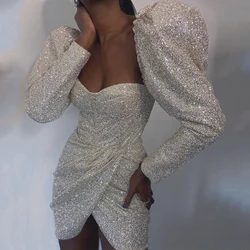 Shiny Evening Dresses 2022 Simple Puff Sleeves Long Evening Gowns Sexy Silver Sweetheart Split Sequin Mermaid Bride Party Dress