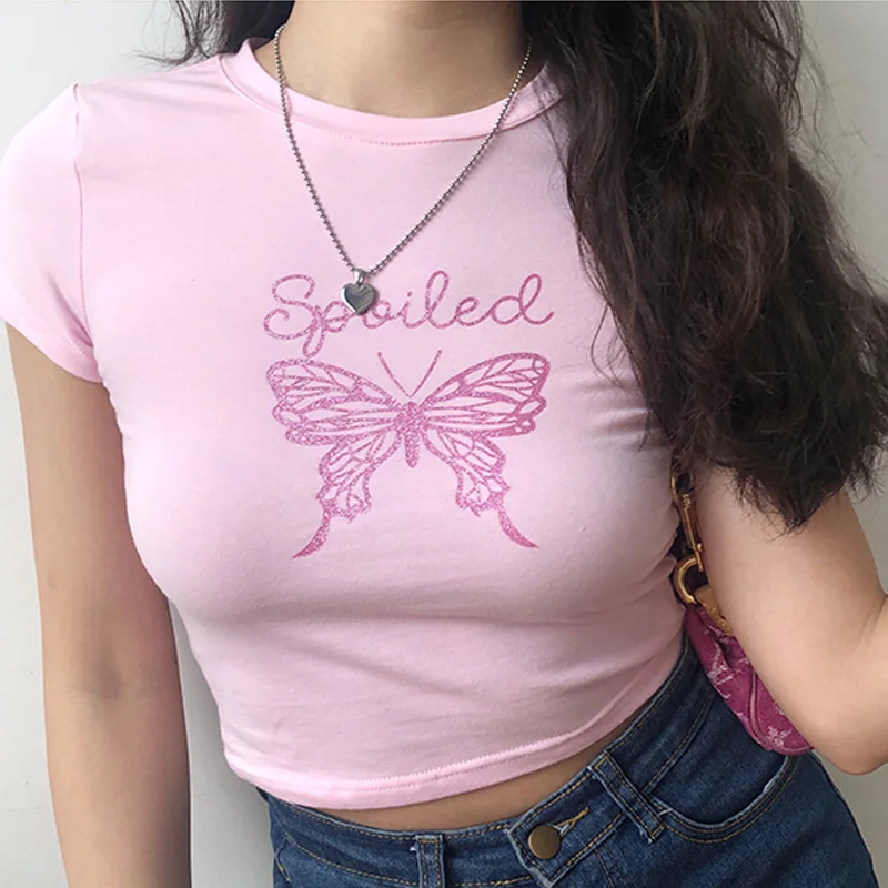 

Sexy Pink Crop Top Women Summer Butterfly Graphic Letter T Shirt Ladies Baddie Egirl Tee Shirt Harajuku Cute Cropped Top 2020