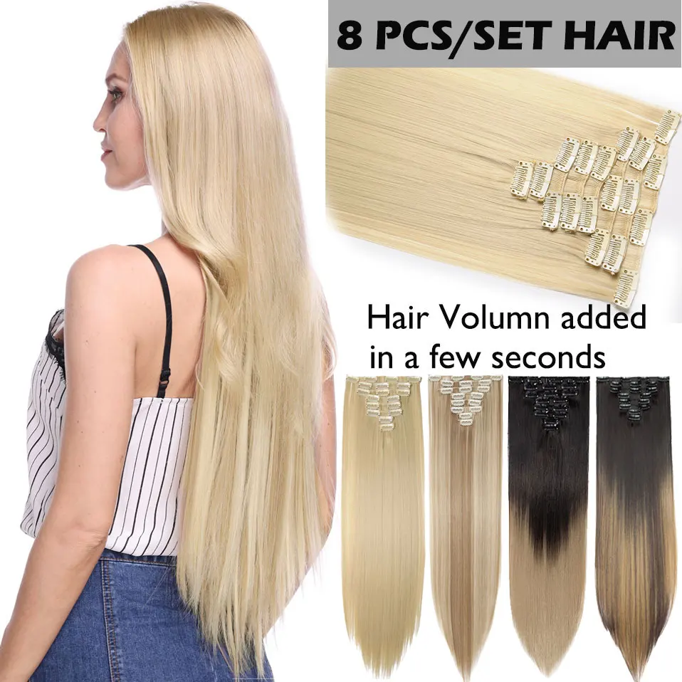 S-noilite Synthetische stks/set Lange Rechte Clip In Op Hair Extensions Zwart Bruin Rood Roze Paars Nep Haarstukjes voor Vrouwen