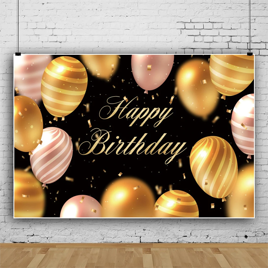 Laeacco Gold Stripe Balloon Happy Birthday Party Customized Banner Poster Child Photozone Black Photo Background Photo Backdrops