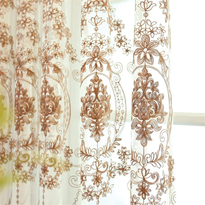 Luxury  Brown Embroidered Tulle Sheer Curtains for Living Room Bedroom Window Voile Panel Drapes