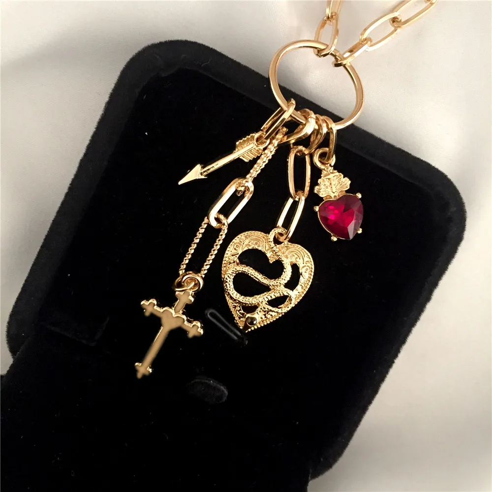 

Trendy Gold Color Plating Snake Heart Cross Arrow Red Heart Charm Pendant Long Necklace For Women Sweater Casual Elegant Jewelry