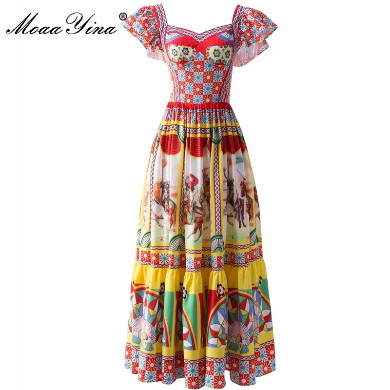 

MoaaYina Fashion Designer Summer Dress Women's Butterfly Sleeve Vintage Soldier Warrior print High waist Midi Dress