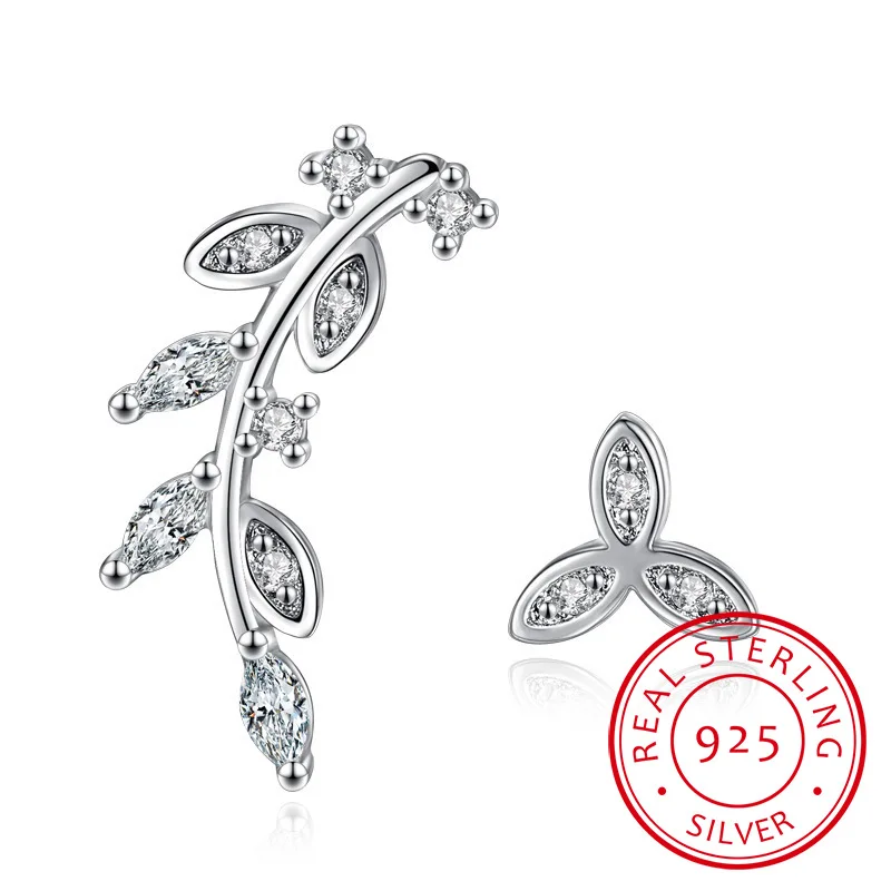 Fashion 925 Sterling Silver Asymmetrical Leaf Earrings For Women Wedding Jewelry Ladies S925 Crystal Earring Brincos Pendientes