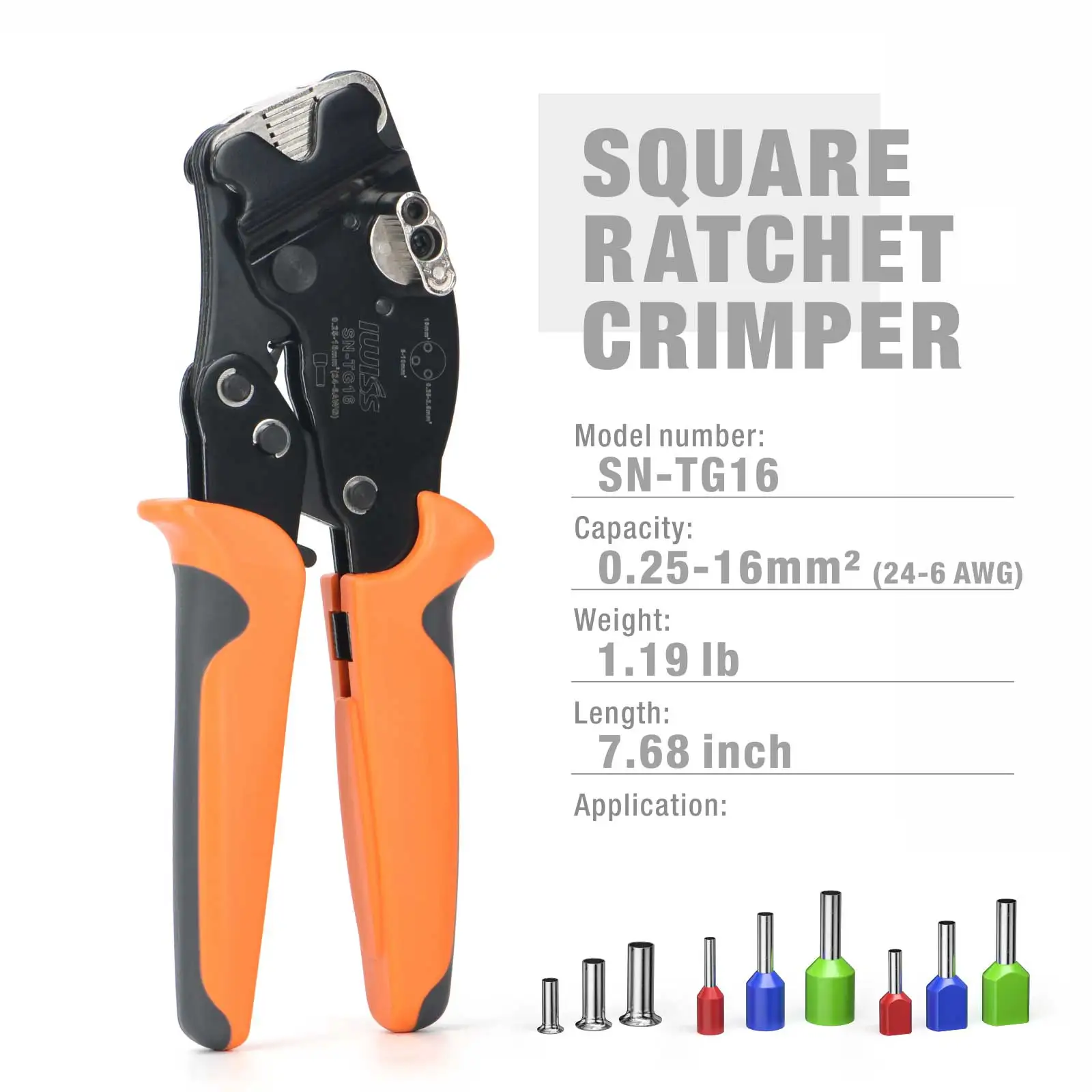 SN-TG16 Wire Ferrule Crimping Plier Crimp 0.25-16mm² Tube Type Pre-Insulated Terminal Joints Mini Tool Square Ratchet Crimper