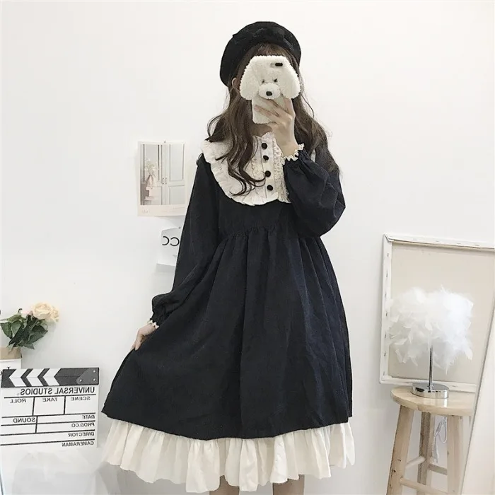 Japanese Style Autumn Black Lolita Women'S Dresses High Waist Contrast-Color Ruffled Sweet Spring Dress Princess Kawaii Clothing