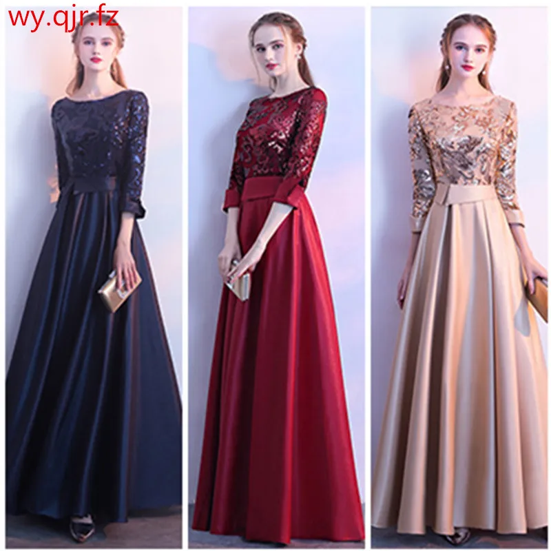 

WYHS-8090L#Medium Long Evening Dresses Sequins Golden Navy wine red Gert Green Black Various colors Satin wholesale party dress