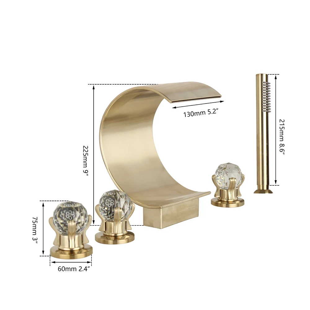 Torayvino Brushed Gold Waterfall Bathtub Faucet Banheira Shower Mixer Set Deck Mounted 5 Pcs Widespread Bath Tub Sink Faucets