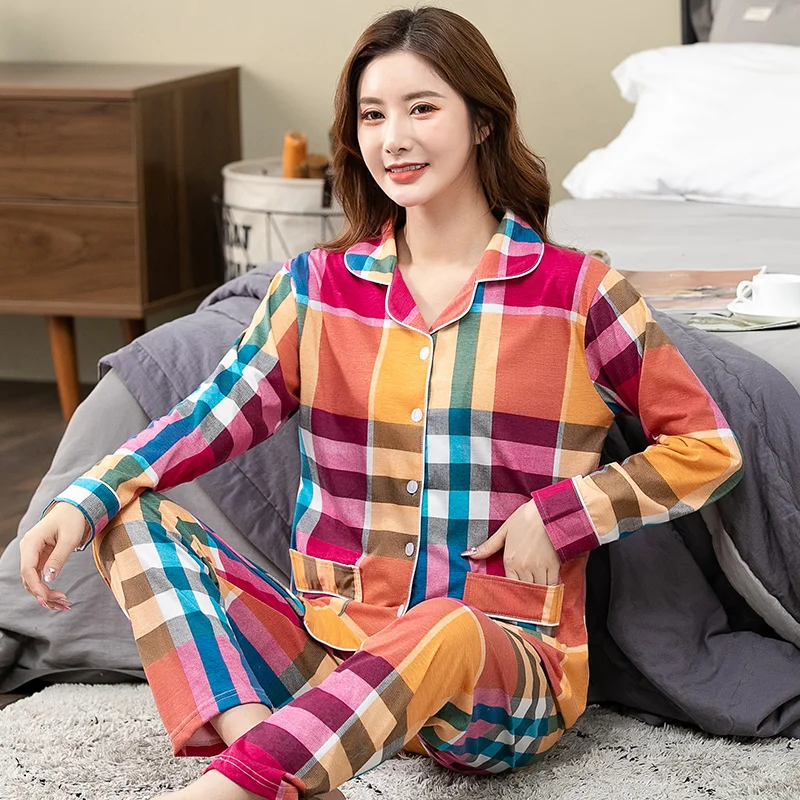 

Rainbow Colors Plaid Nightwear Suit For Women Autumn Long Sleeve Princess Pajama Casual Cardigan Homewear M-XXXL Pijama Mujer
