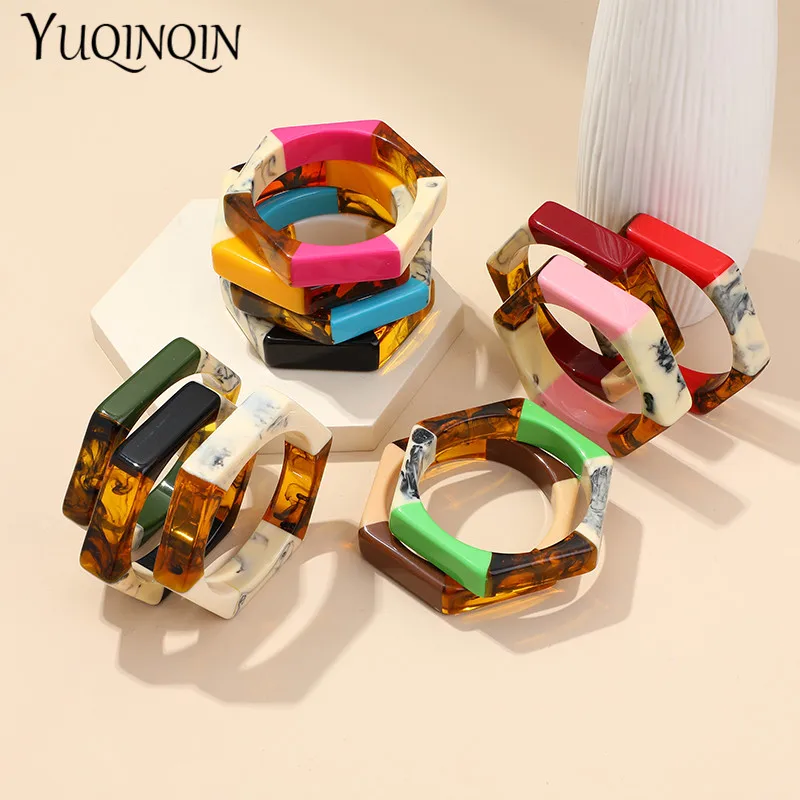 Trendy Acrylic Fashion Cuff Bracelets Bangles for Women Mix Colors Hexagon Geometric Resin Simple Bracelet Charm Gifts Jewelry