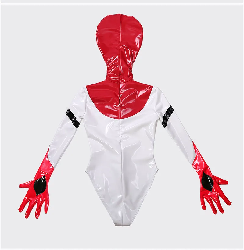 Sexy Comic Cosplay Faux Latex Leather Bodysuit Women Long Sleeve Hooded Jumpsuit Wetlook Ladies Bodycon Costume Exotic Custom