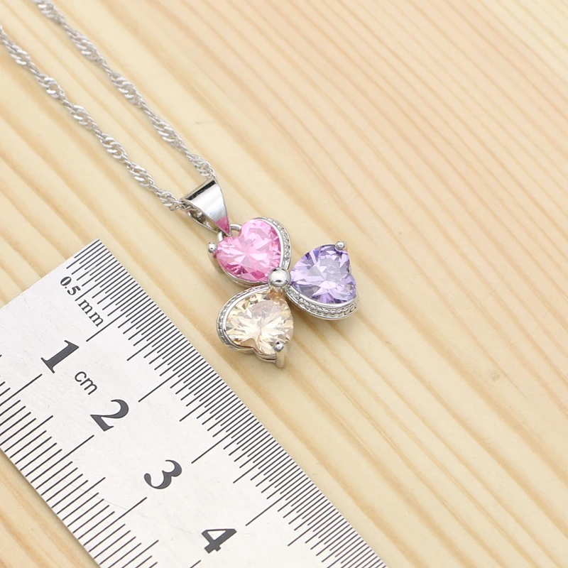 Heart Shape 925 Silver Jewelry Sets For Women Multicolor Cubic Zirconia Ring Bracelet Necklace Pendant Earrings Silver Kit