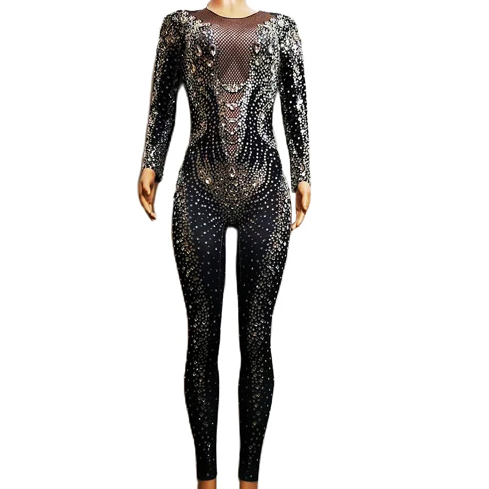 

Shining Rhinestone Women Black Jumpsuits Tight Elastic Costumes Nightclub Dance Stage Performance Wear Party Celebrate Leggings