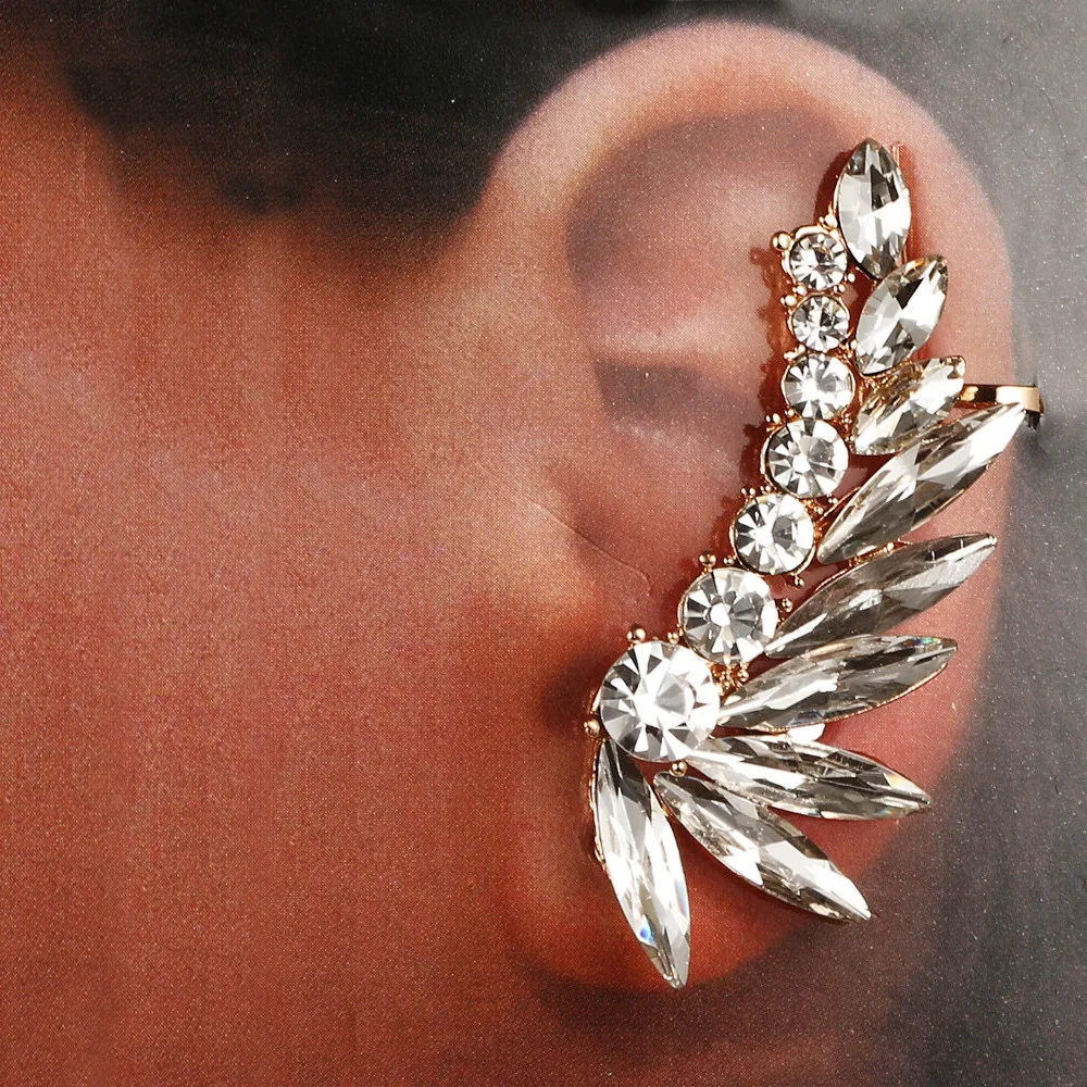 Feather Crystal Earrings Female Punk Ear cuff Clip One Piece Exaggerated Cuffs Earring For Women Punk Gothic Jewelry