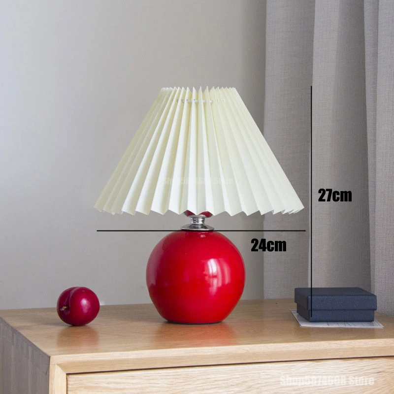 Vintage Red Ceramic Table Lamps for Living Room DIY Korean Pleated Desk Lamp Wedding Home Decor Stand Light Bedroom Beside Lamp