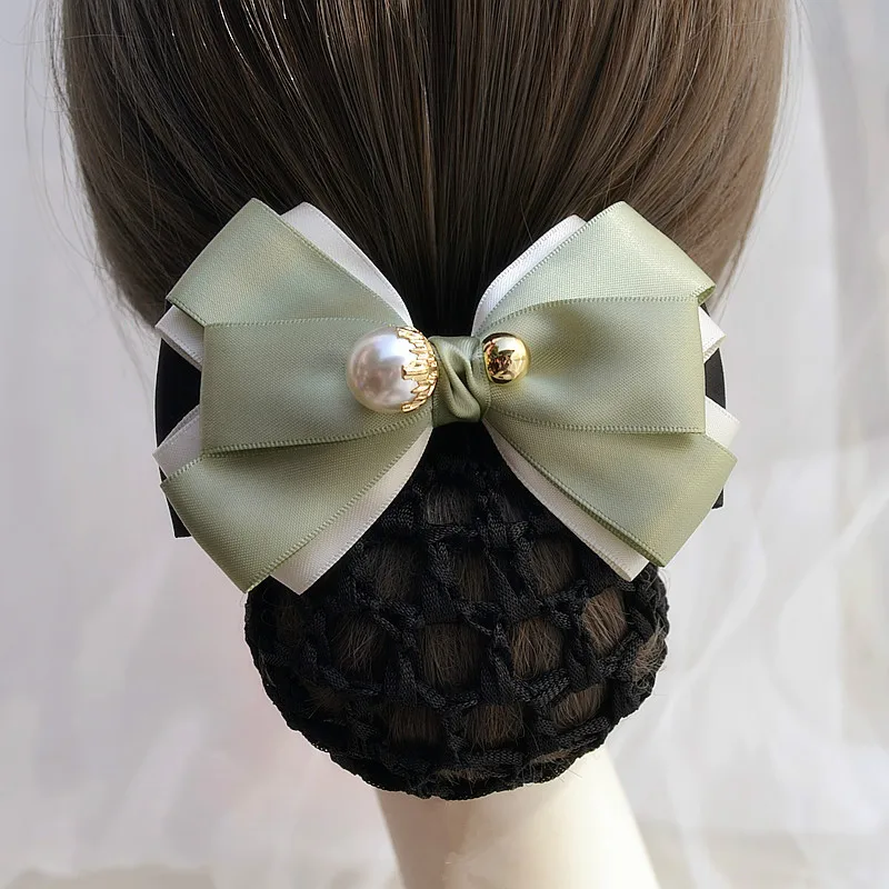 New Arrival Handmade Ribbon Bow Hair Pins for Women Fabric Pearl Bun Hair Clips Cover Snood Net Satin Hair Jewelry Accessories