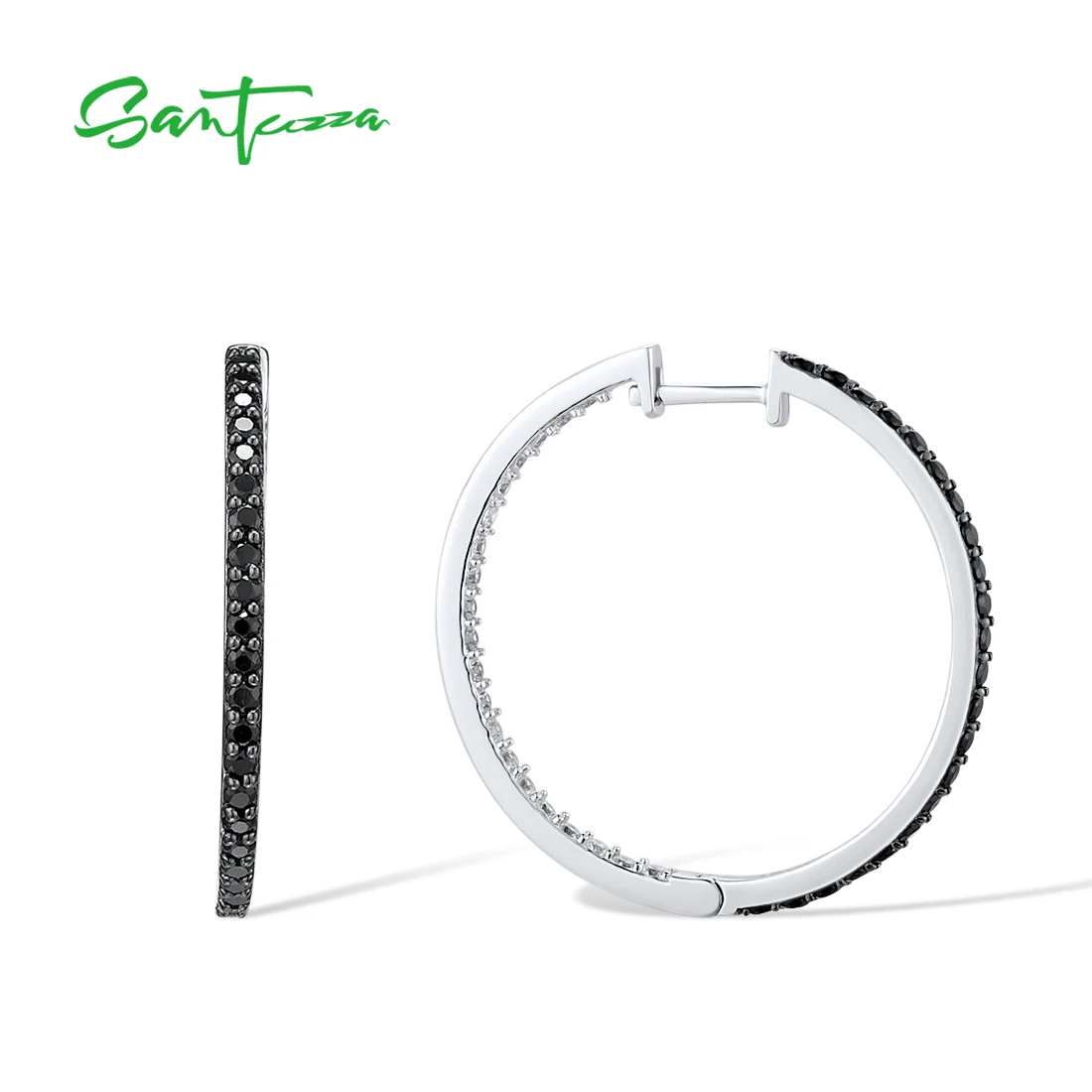 SANTUZZA 925 Sterling Silver Hoop Earrings For Women Shiny Black Spinel White CZ Simple Style Large Circle Earrings Fine Jewelry