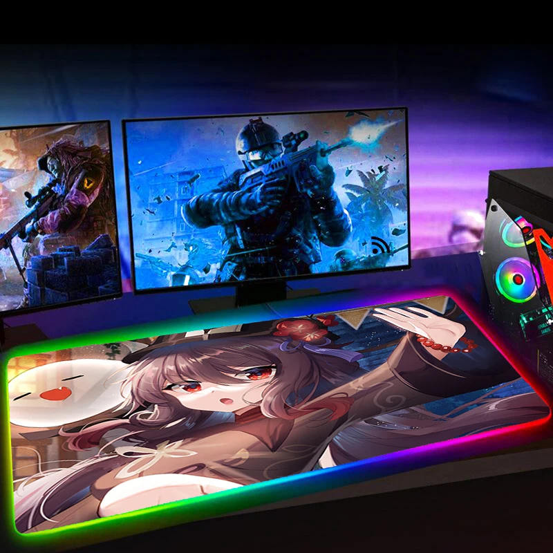 

Rgb Hu Tao Genshin Impact Mousepad Large Kawaii Computer Gaming Accessiores Mouse Pad L 60X30 Mause Pad LED Backlit Mat Mausepad