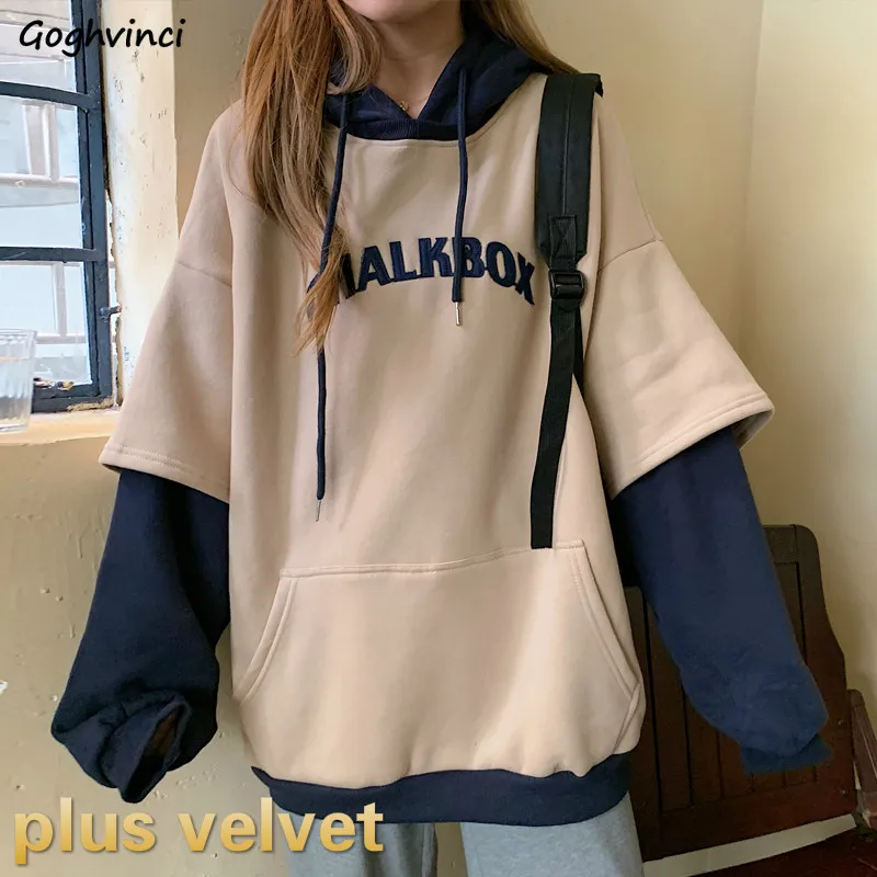 

Hoodies Women Aesthetic Thicker Korean BF Ulzzang Embroidery Letter Long Loose Pullovers Hooded Warm Students Daily Womens New