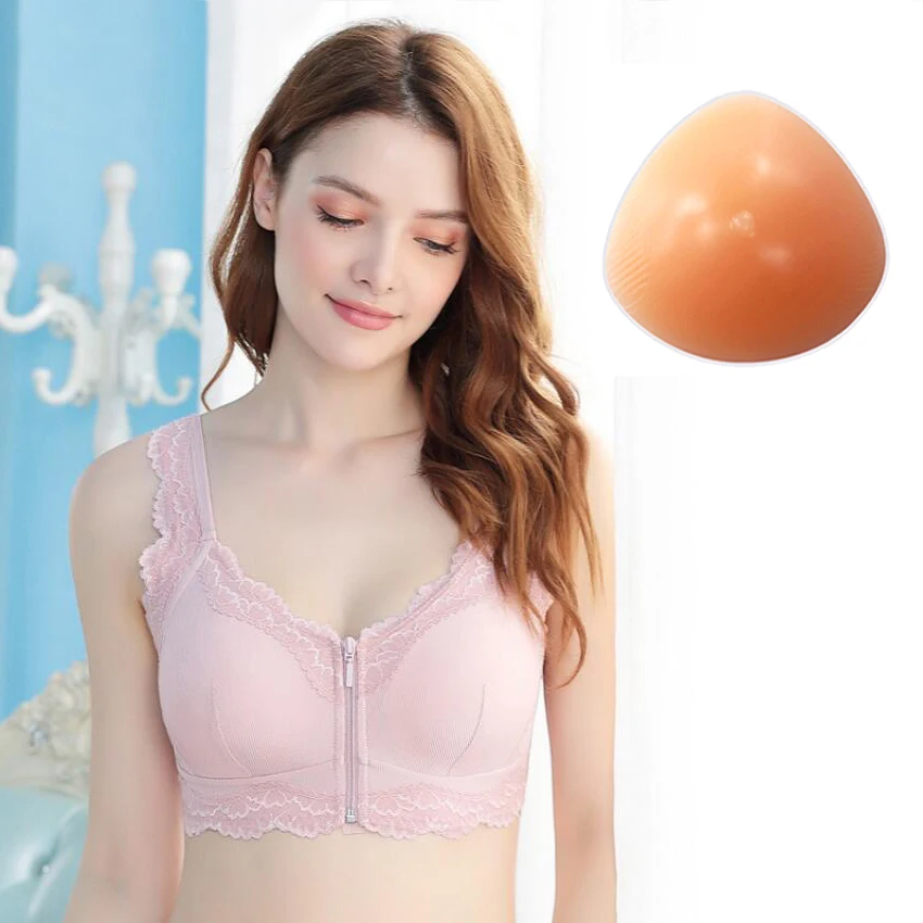 

Mastectomy Bra Cotton Underwear Gathered Sexy Pink Bra can Insert Triangle Silicone Breast Forms Prosthesis Fake Breast Boobs