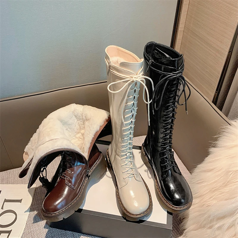 Meotina Women Shoes Genuine Leather Wool Fur Boots Platform Thick High Heel Ladies Zipper Lace Up Knee High Boots Winter Beige