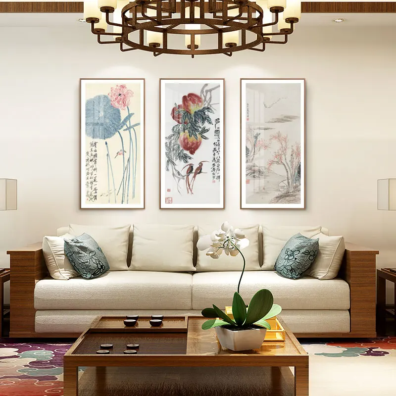 Chinese style canvas painting ink art combination decorative painting Chinese painter Qi Baishi large-scale vertical art