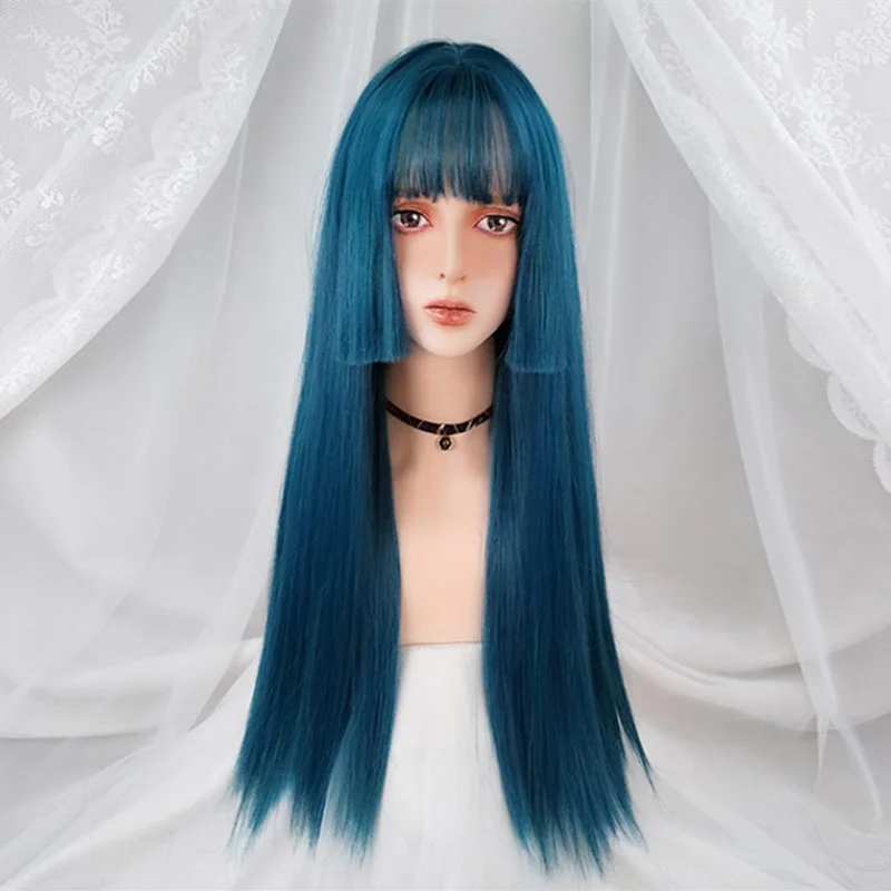 Vicwig Pruiken Voor Vrouwen Synthetisch Haar Dark Blue Lange Rechte Cosplay Pruik Met Pony Hittebestendige