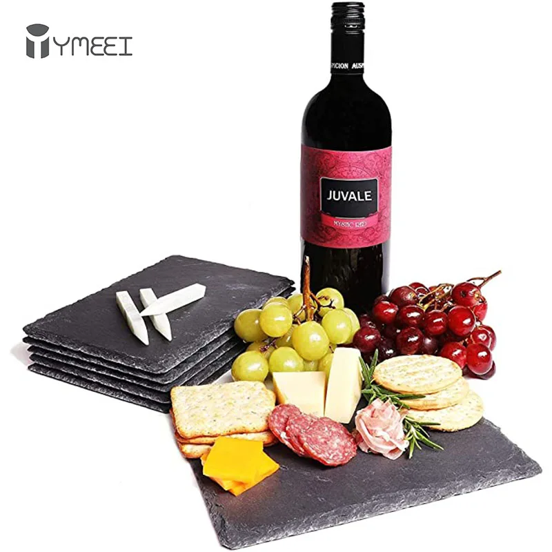 YMEEI Natural Slate Western Square Steak Plates Slate Pizza Pastry Fruit Tray Kitchen BBQ Dessert Cake Dishes