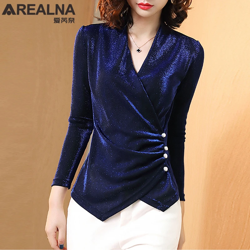 Royal Blue Black Deep V-neck Shiny Blouse Women Fashion Long Sleeve Slim Glitter Office Shirt Beaded Ladies Tops Blusas mujer