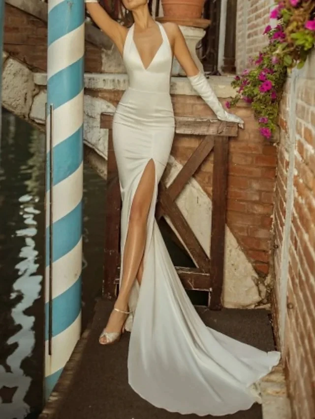 

2025 Mermaid Wedding Dresses V-neck Long Satin Bridal Gowns Sexy Backless with Split Front Beach Robe De Mariee Customized