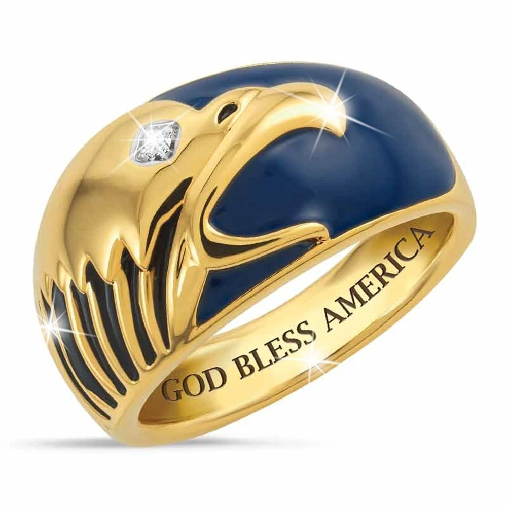 Business Men's Sea Blue Eagle Ring Gold Color Crystal Eagle Ring Exquisite Male Anniversary Gift American Eagle Ring for Men