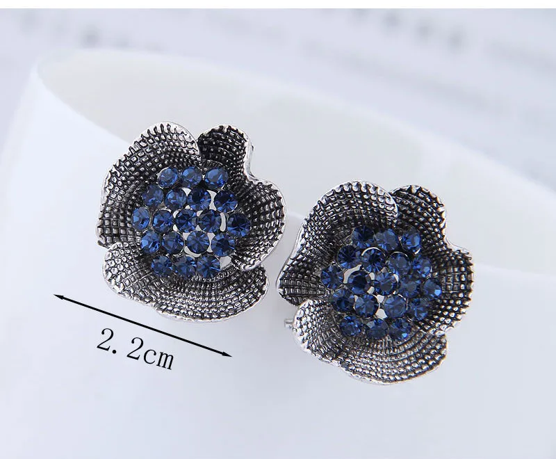 Kymyad Korean Fashion Stud Earrings For Women Vintage Crystal Flower Earring Exquisite Alloy Antique Silver Brincos