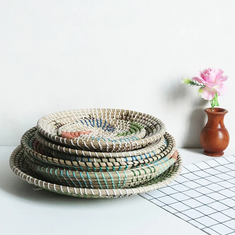 Boho Straw Woven Wall Decor Ornaments Natural Seagrass Rattan Wall Plates Decorative Fruit Dishes for Home Kitchen Living Room