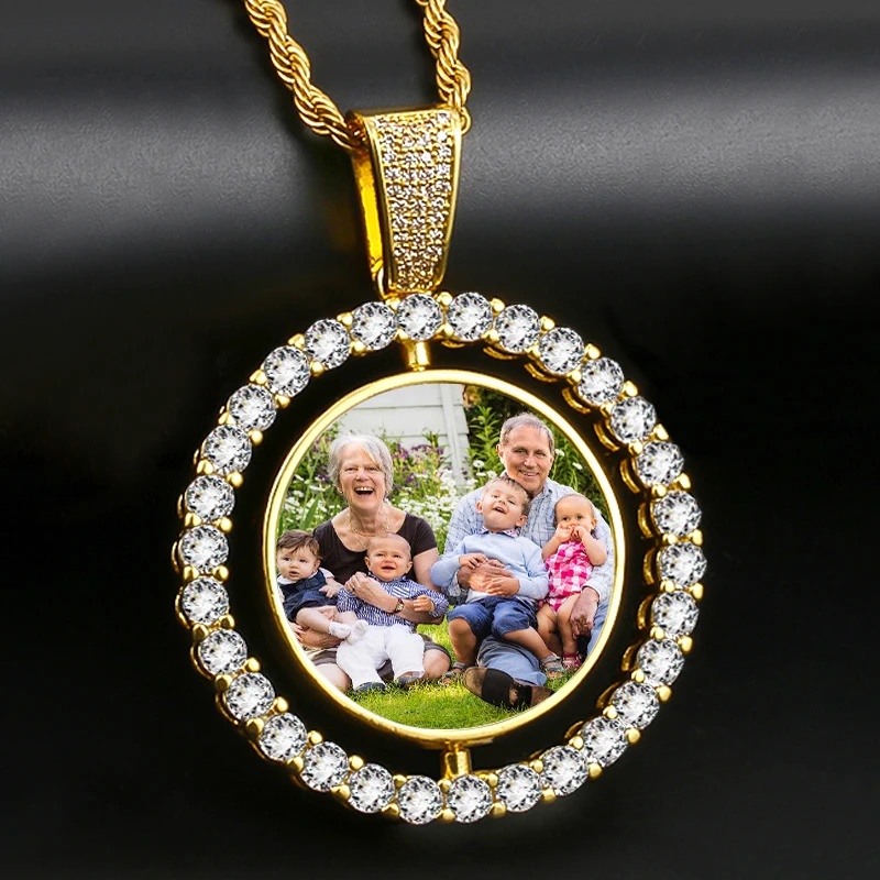 Rotating Double-Sided Medallions Custom Photo Pendant Necklace  For Men Hip Hop Jewelry Iced Out Zircon Pendant Chain Photo Gift