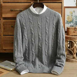 Winter new style 100% pure cashmere sweater men's three-strand thick pure color jacquard pullover round neck knitted sweater