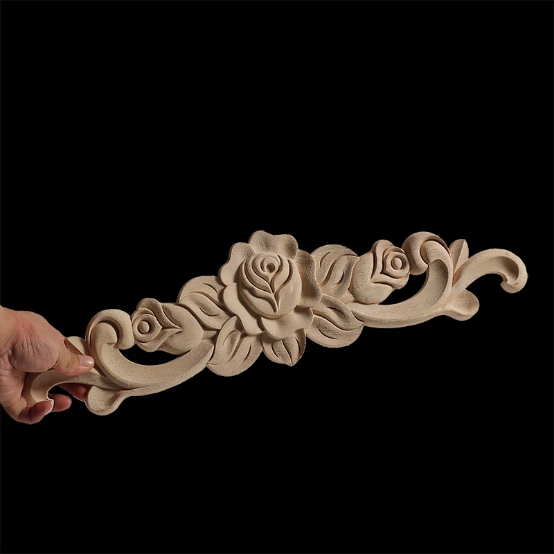 Long Rose Flower Exquisite Carving Natural Wood Appliques Furniture Wooden Mouldings Wmqe Vintage Unpainted Decoration Decal