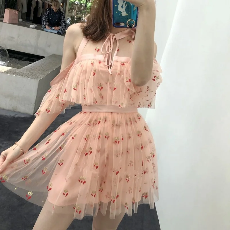 

Puff Sweet Sleeve Gauze Vintage Women Dress A-Line Loose Printed Kawaii Summer 2022 Short Dresses Female Casual Vacation Dress