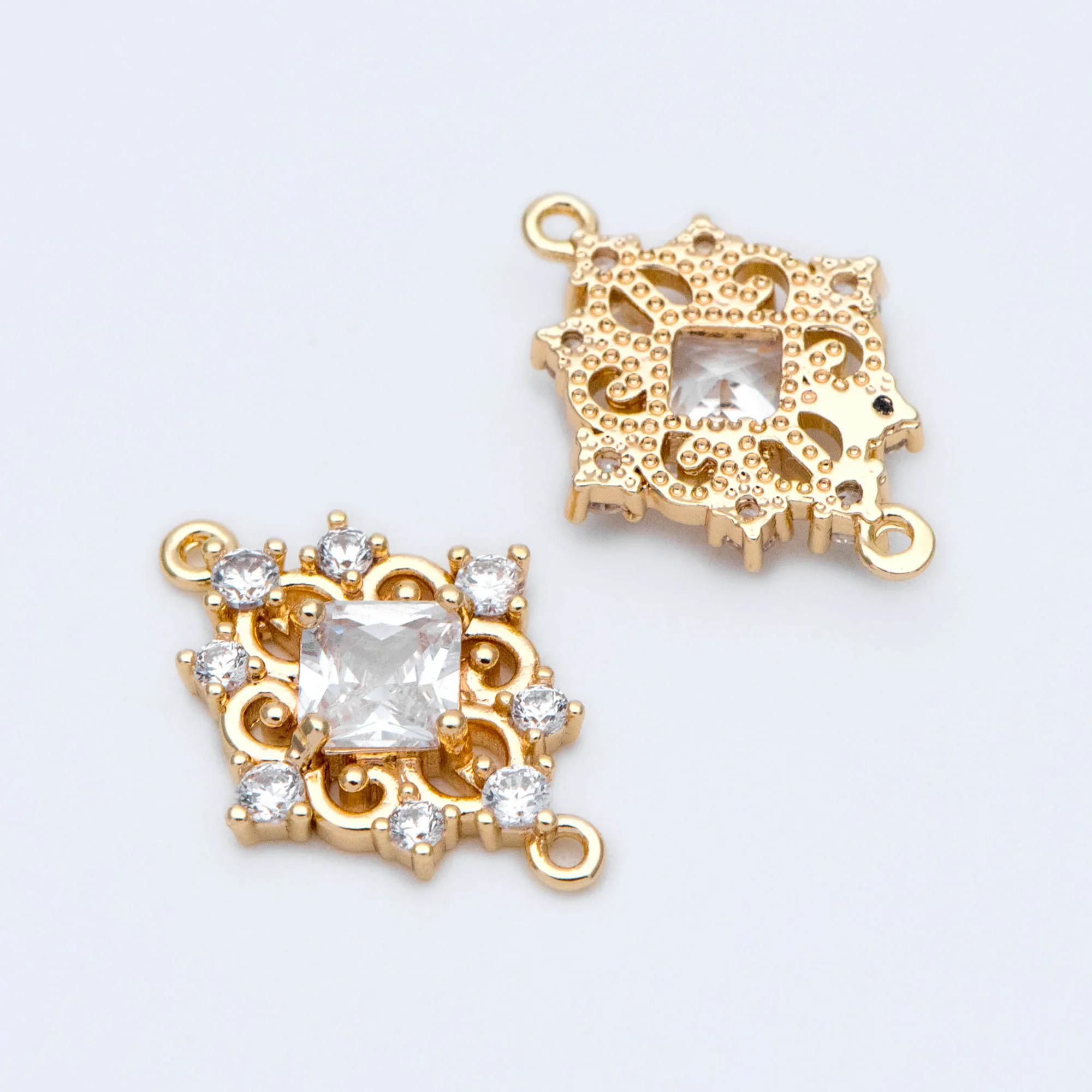 10pcs CZ Paved Gold Rhombus Connector 19x14mm, Victorian Style Earring Pendant (GB-1196)