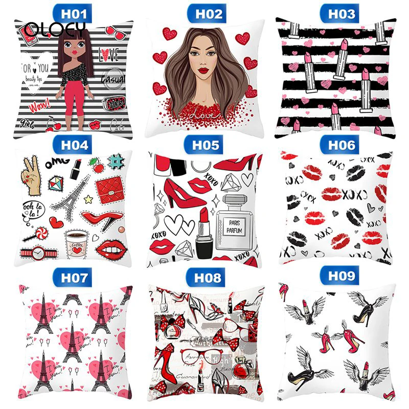 Valentine's Day Decoration with Red Cushion Cover, Red Lips, Kiss Print, Couple Cushion Cover, Family Hotel Decoration 45x45cm .