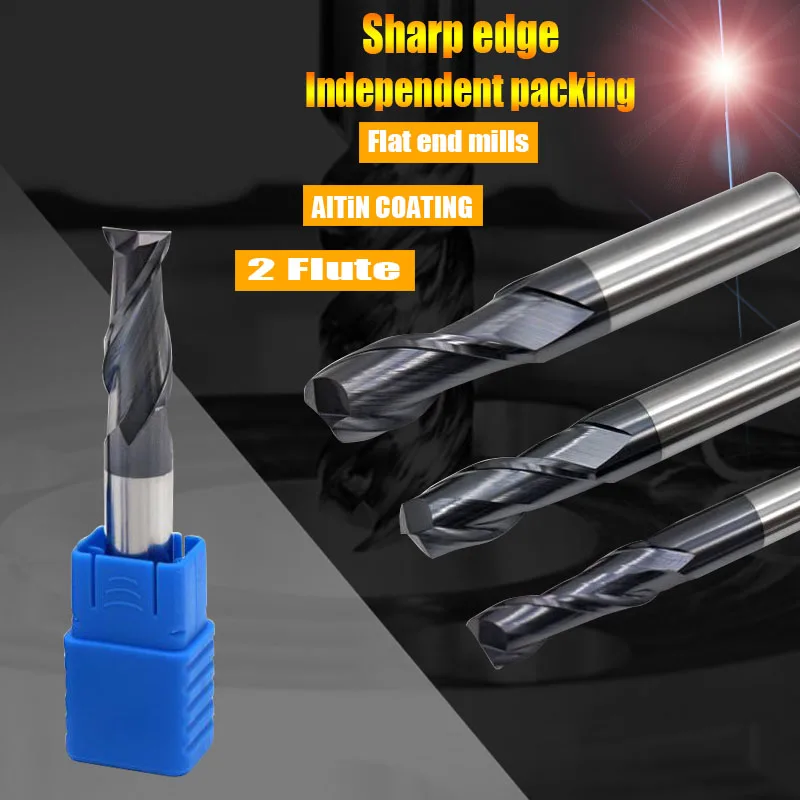 CNC Milling Cutter Machine Cutting Tools 2 Flute Big Chip Space HRC55 Nano Coating Tungsten Steel Flat End Mills for Metal Alloy