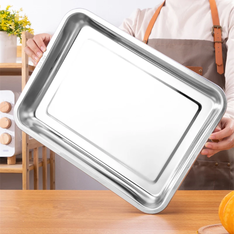 Stainless Steel Square Food Storage Tray Steamed Sausage Bread Baking Pan Shallow Service Trays Kitchen Tools