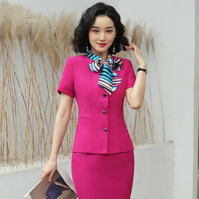 

Elegant Rose Summer Short Sleeve Formal Women Business Suits with Tops and Skirt Ladies Office Professional Blazers with Scarf