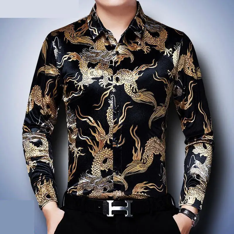 Oversized Flannel Luxury Man Clothes Green Velvet Blouse With Dragons For Mens Velour Shirts Red Winter Dress 2022 Fashionable