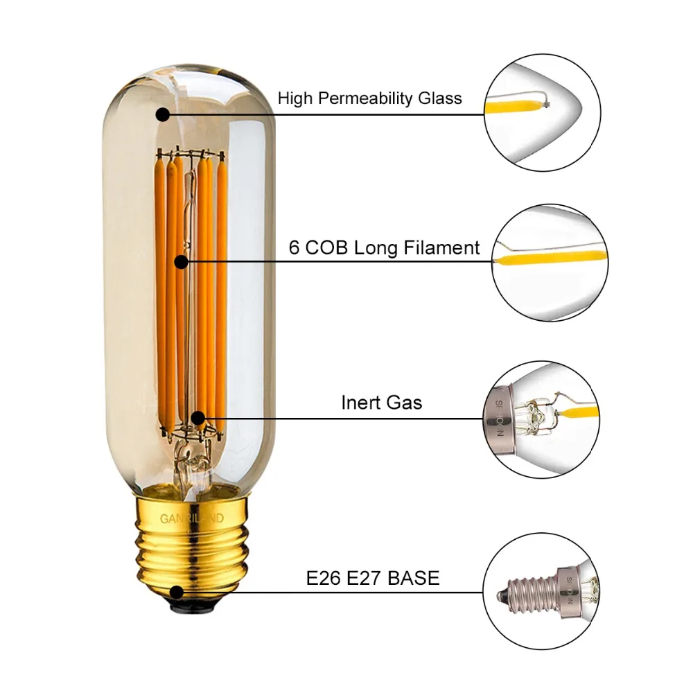 GANRILAND T45 6W 220V LED Long Filament Bulb Tubular Gold Tint Edison Dimmable Lamp Bulb 2200K E26 E27 Decorative Pendant Lights