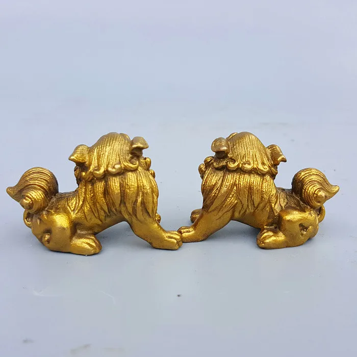 Lucky Chinese Fengshui Pure Brass Guardian Foo Fu Dog Lion Statue Pair metal crafts decor