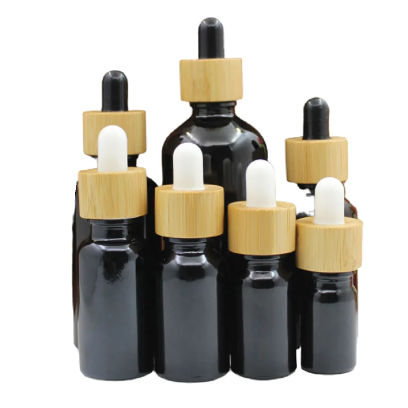 

10pcs Essential Oil Dropper Glass Bottle Black Not Real Wooden Lid 5~100ml Refill Liquid Aromatherapy Serum Drop Pipette Bottles